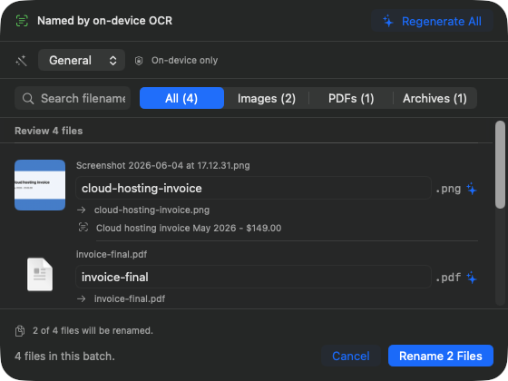 Tymender rename preview sheet showing suggested filenames before applying a batch