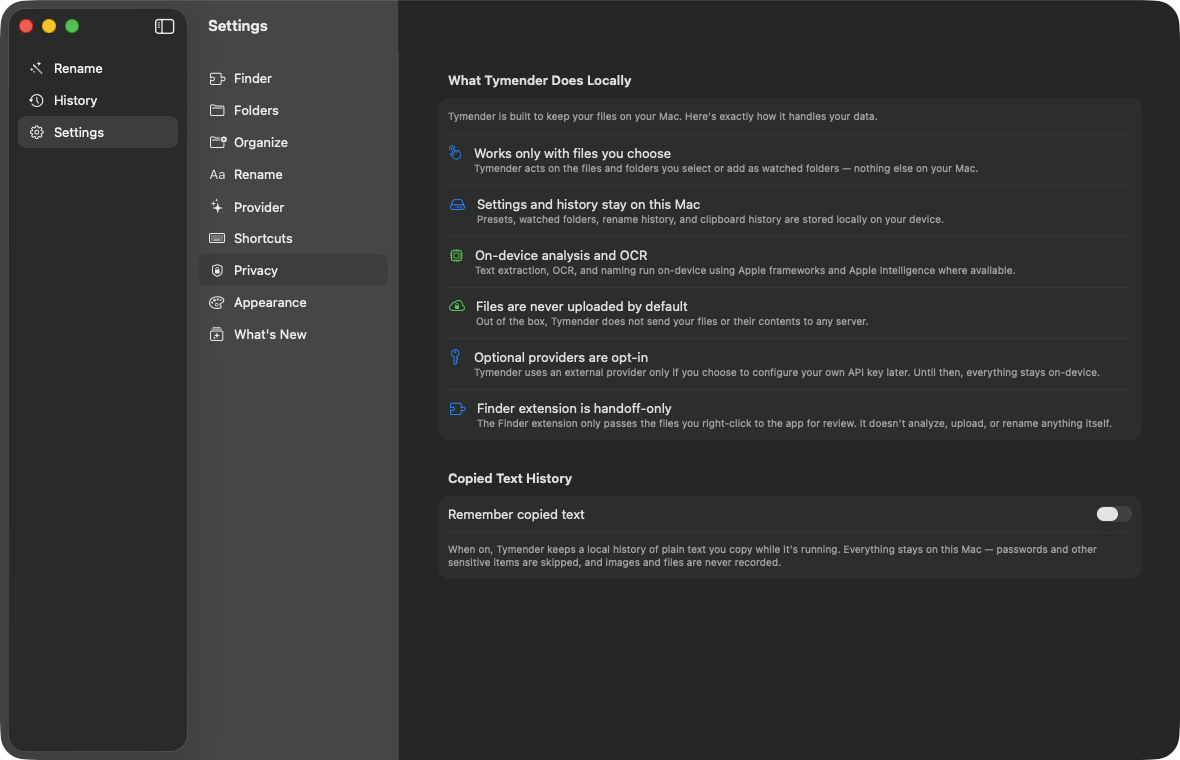 Tymender Settings Privacy page showing local-data guarantees