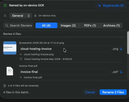 Tymender's rename preview showing each messy filename beside the clear name it would get, with per-file approval checkboxes.